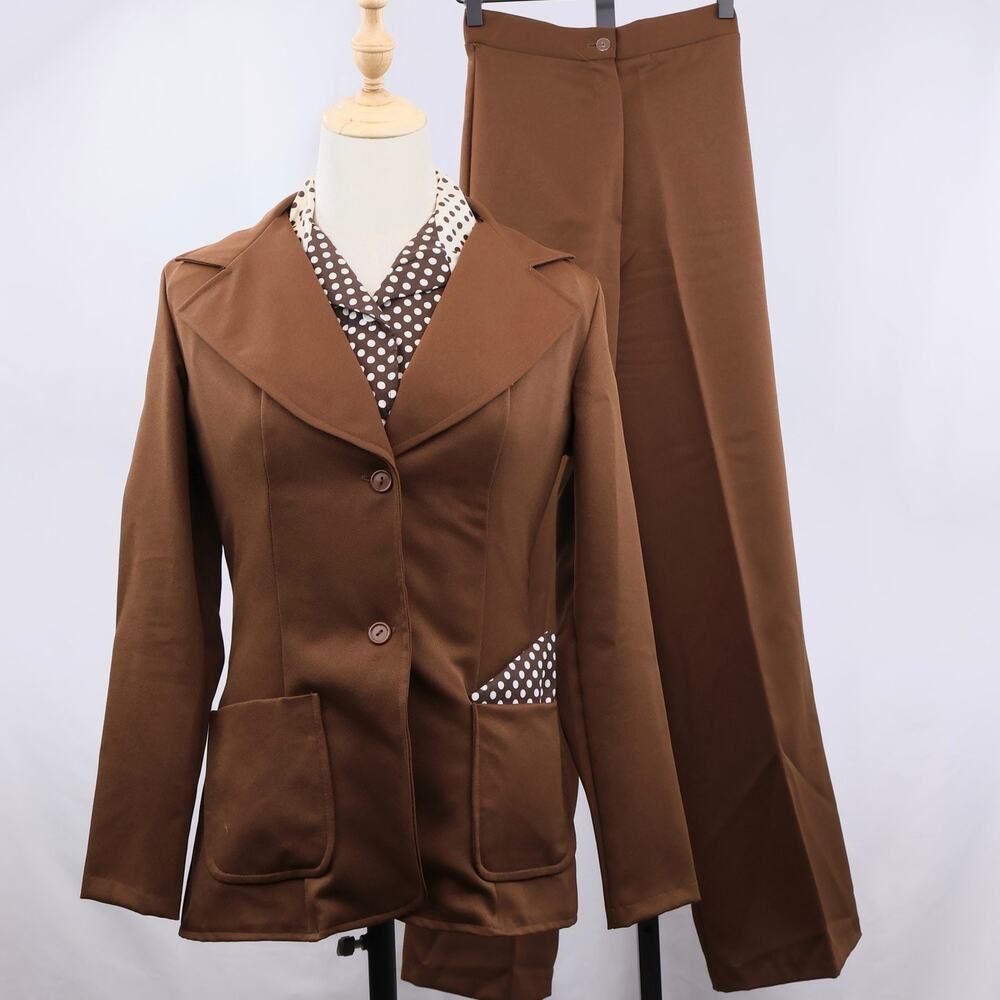 Vintage 1970s JCPenney Fashions 3 Pc Pantsuit Set Brown Polka Dot Disco Size 7